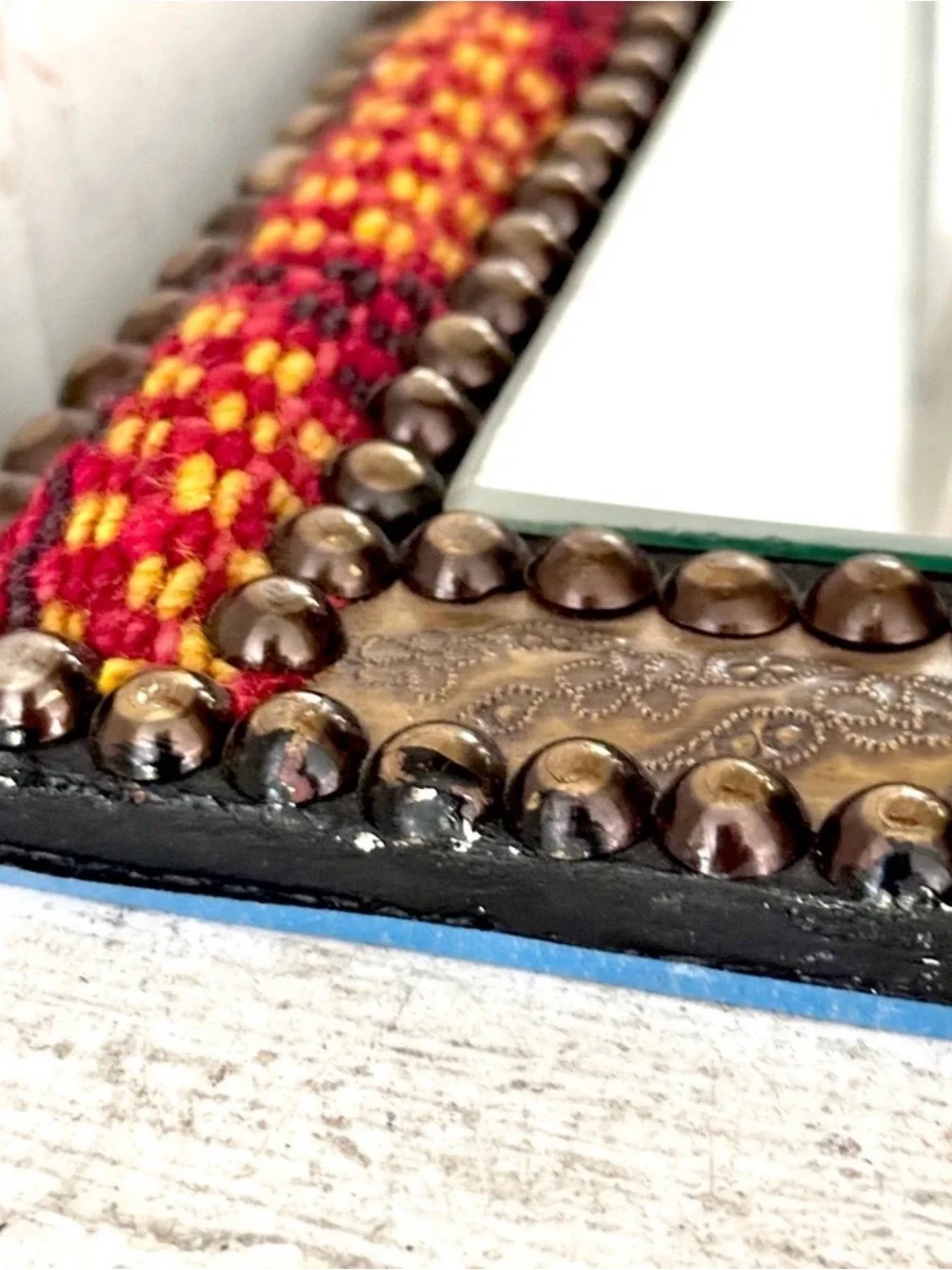 Egyptian Kilim Rug Mirror Studs Vibrant Colors With Carved Metal Red And Gold